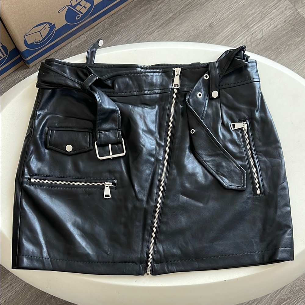 7 For All Mankind Black Faux Leather Skirt with Belt